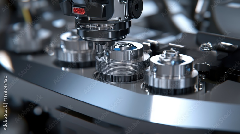 Poster close up of a robotic arm performing precise operations on metallic components within an advanced au