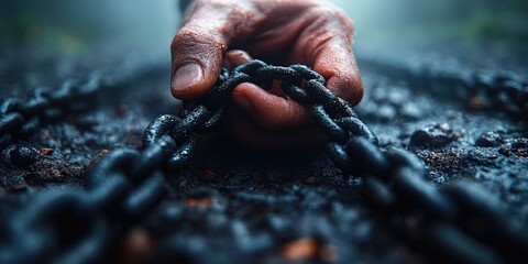 A person grasping a chain, potentially symbolizing freedom or captivity