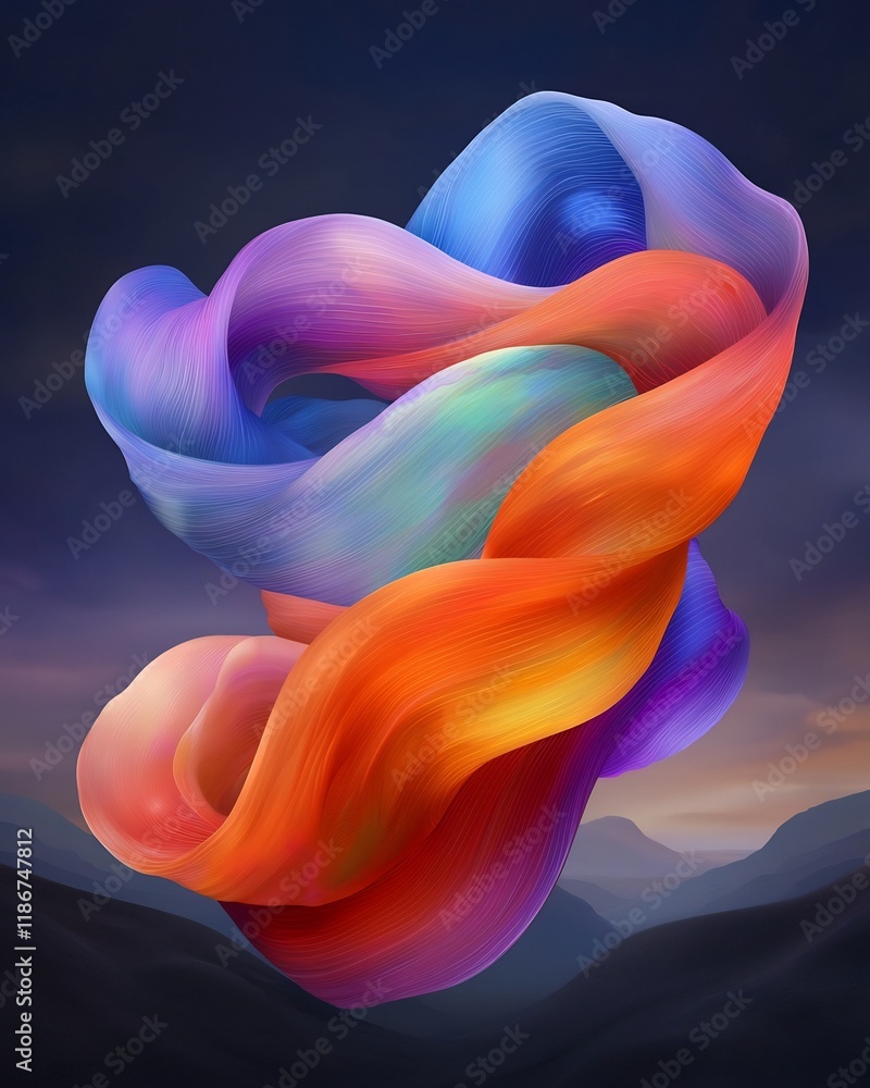 Poster dazzling iridescent ribbons undulating in a captivating kaleidoscopic enchanting fractal like struct