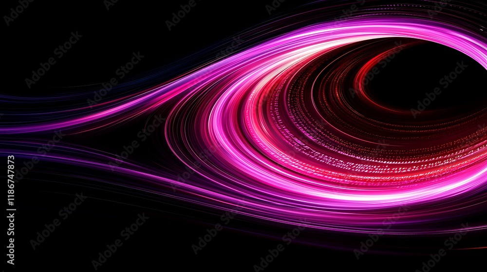 Poster swirling vortex of dynamic binary code featuring geometric patterns and vivid colors against a dark 