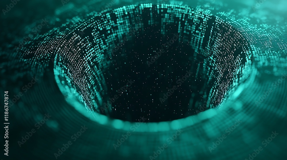Poster swirling vortex of binary code with geometric patterns, creating a digital depth illusion, evoking c