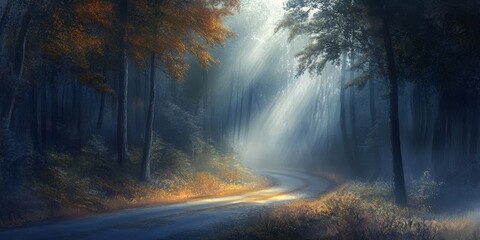 Mysterious shafts of light penetrate the fog along a serene road meandering through a forest, creating a captivating atmosphere filled with enchanting shafts of light.