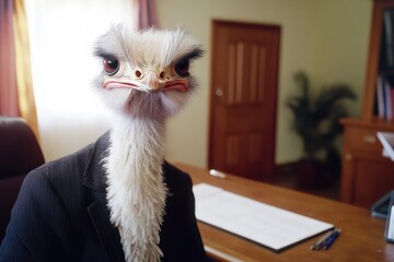 An ostrich in a business suit sits at a desk, ready to work