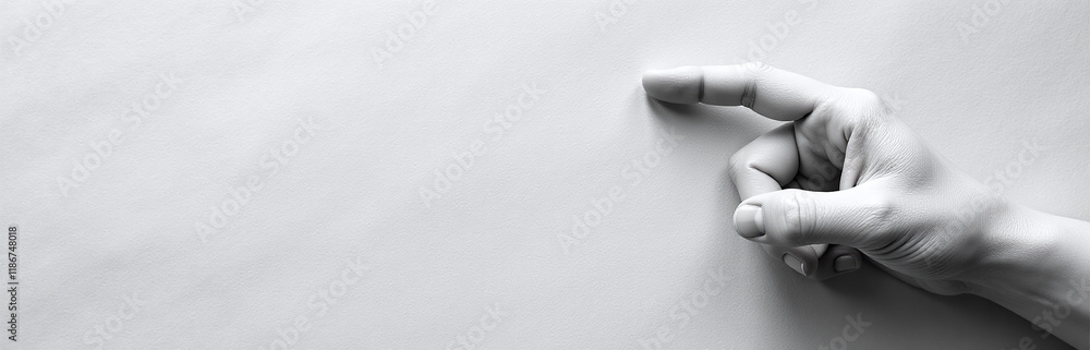 Poster Black And White Image Of Hand Finger Pointing Sign On Textured Paper Background With Copy Space Available For Text Overlay. 00001