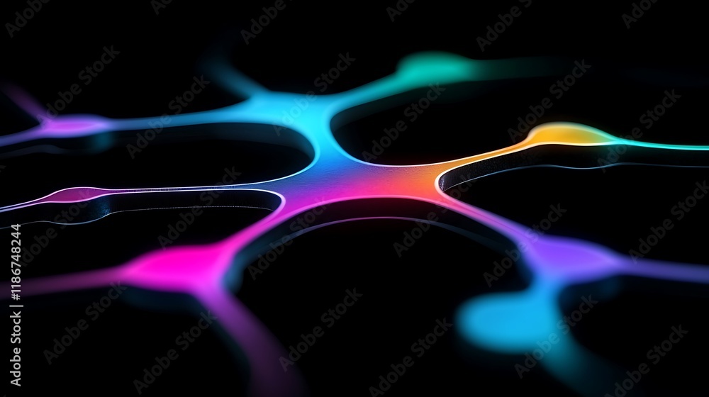 Poster vibrant abstract depiction of neural network with colorful connections and fluid shapes on a black b