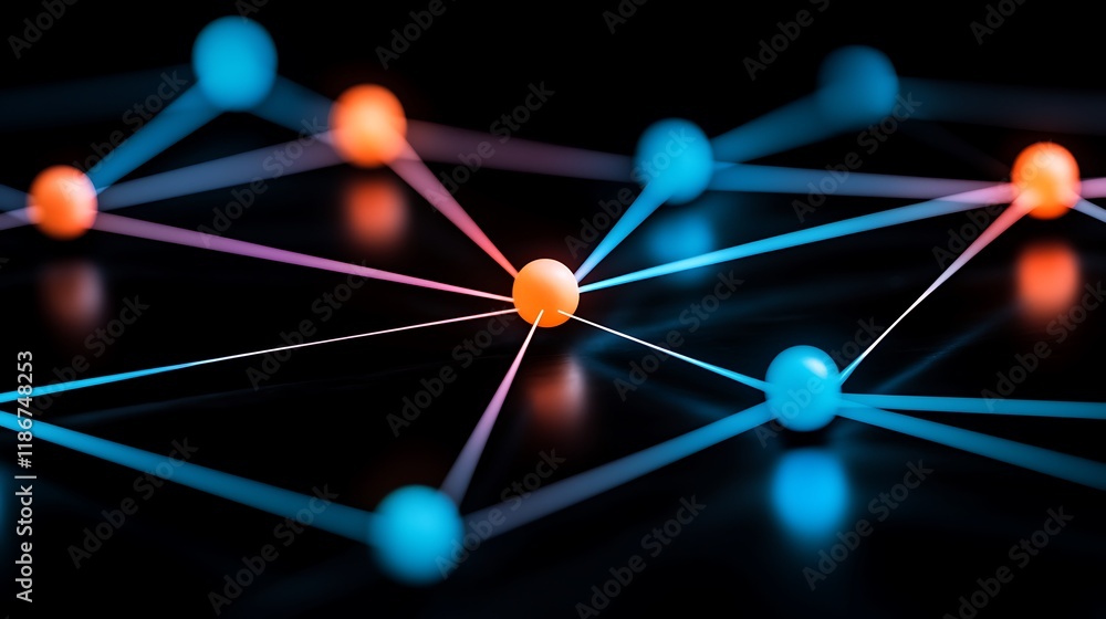 Poster vibrant abstract depiction of neural network connections with colorful nodes and connecting lines on