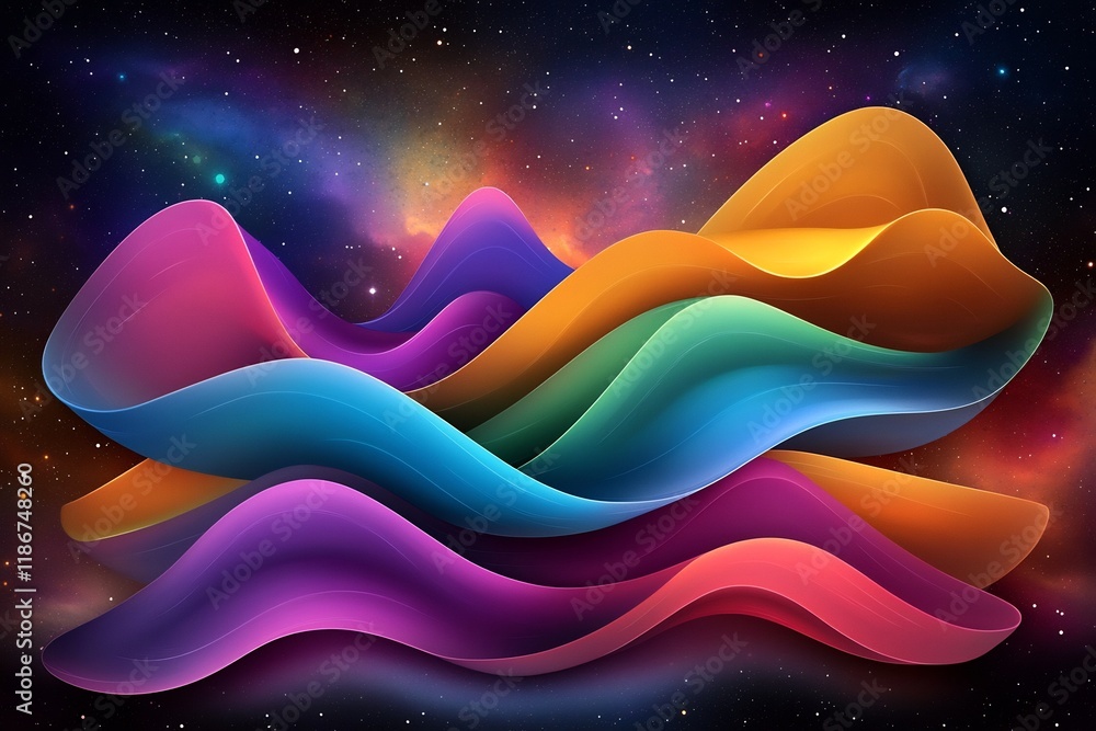 Poster mesmerizing iridescent shapes undulate in a captivating shimmering composition with hypnotic geometr