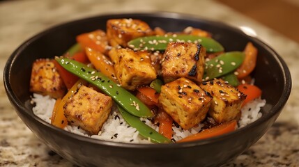 An Appetizing Tofu Stir-Fry with Colorful Vegetables Sizzling in a Hot Wok, Served with Steamed Rice and a Sprinkle of Sesame Seeds