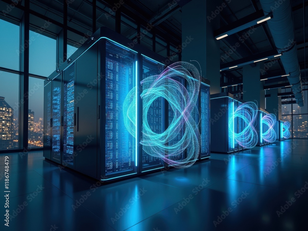 Poster innovative quantum computing setup in a high-tech city building during twilight hours showcasing adv