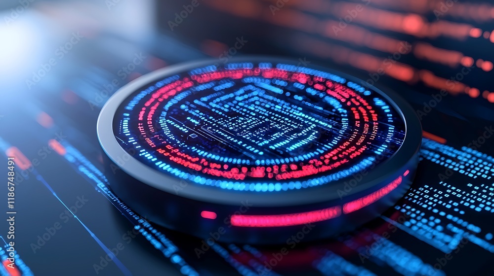 Poster vibrant abstract digital representation featuring circular technology and data patterns in blue and 