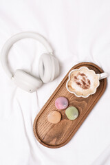 Trendy Headphones, Warm Mug of coffee , time for relaxing on white background.