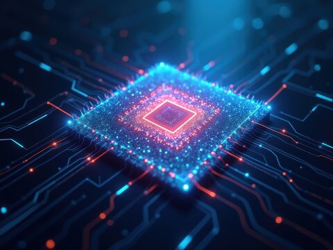 Explore the intricate design of a quantum computing chip with glowing circuits and vibrant electronic components