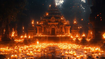 Ancient Temple Illuminated by Hundreds of Burning Candles
