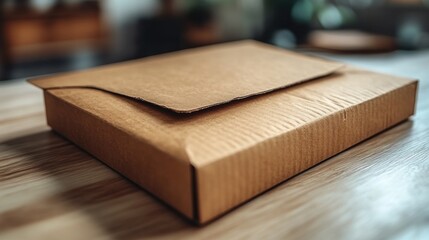 Closed cardboard box on wooden surface.