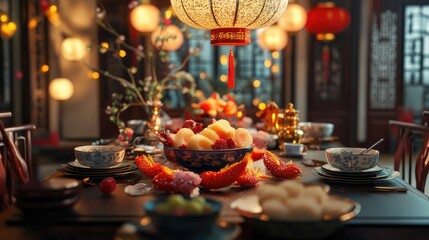 Fototapeta premium A festive Chinese table set with koi-shaped rice cakes, surrounded by traditional decorations, celebrating the Chinese New Year atmosphere.