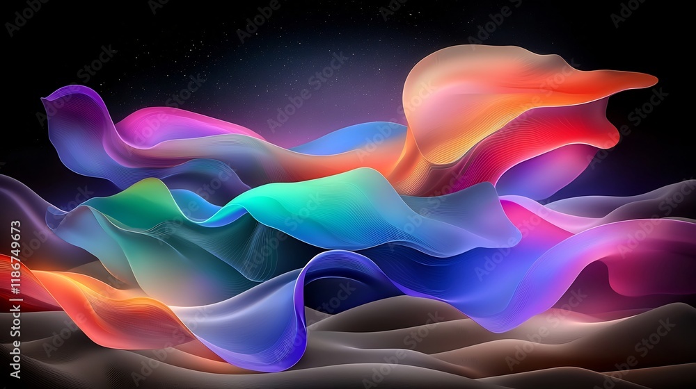 Poster captivating abstract featuring a mesmerizing shimmering composition of flowing iridescent shapes vib