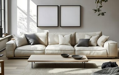 Modern sectional sofa in bright living room, sunlight streaming through window, minimalist decor, home interior design