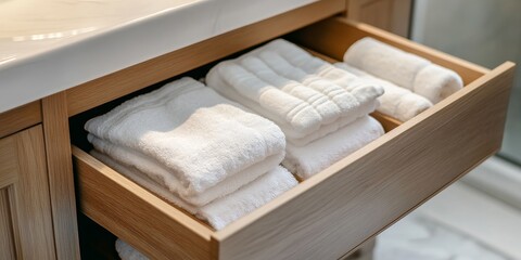 White towels neatly arranged in a bathroom drawer enhance the organization and cleanliness. These white towels create a fresh and inviting atmosphere in the bathroom setting.
