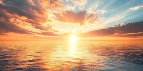 Fototapeta premium Dramatic sunset sky background featuring golden hues and evening clouds over water. A stunning sunset sky creates an enchanting atmosphere with beautiful clouds in the sunset.