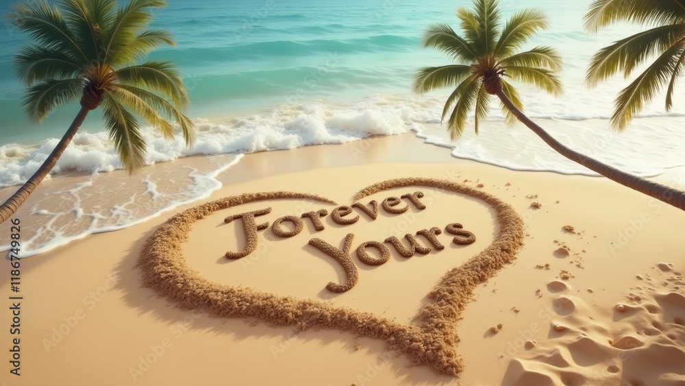 Poster the image is a beautiful beach scene with a heart-shaped sandcastle in the center. the sandcastle is