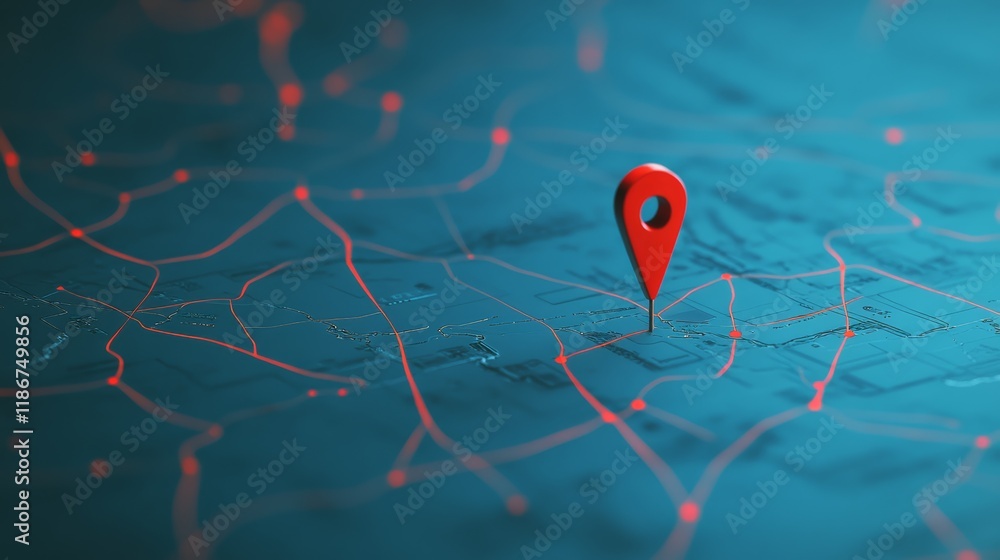 Poster red location pin marking destination on a futuristic glowing map with interconnected points, symboli