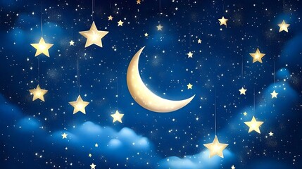 Naklejka premium Serene Night Sky with Stars and Crescent Moon on Deep Blue Background