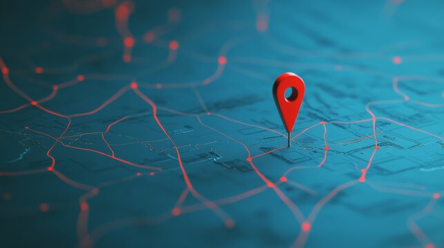 Red location pin marking destination on a futuristic glowing map with interconnected points, symbolizing navigation, route planning, and global positioning