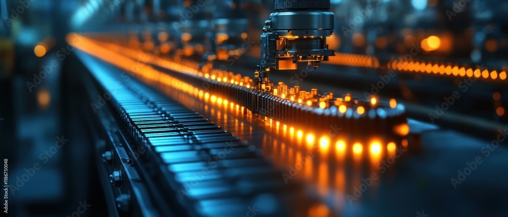 Poster close-up of a factory assembly line with glowing elements and robotic machinery.