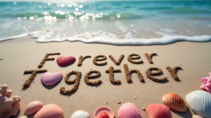 The image is a photograph of a beach scene with the words "Forever Together" written in the sand.