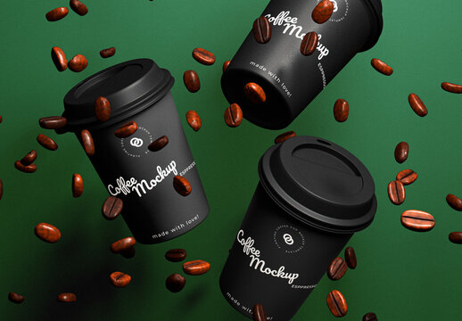 Floating Disposable Coffee Cups Mockup