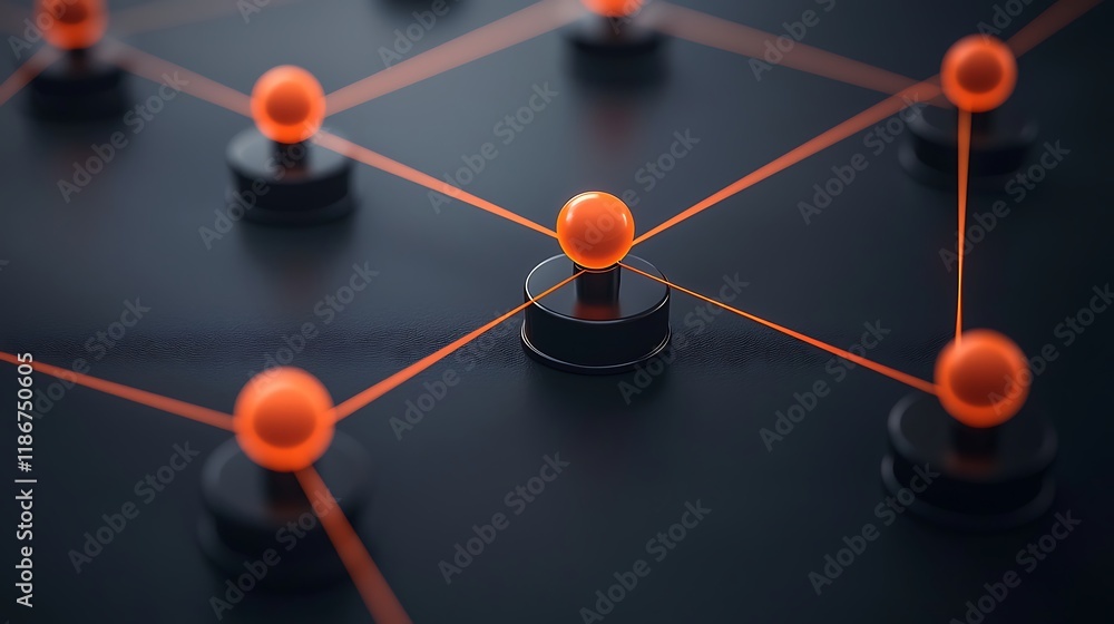 Poster modern visual representation of interconnected digital nodes with orange spheres and lines on a dark