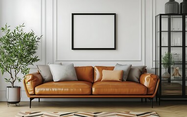 Modern living room interior, leather sofa, empty frame, plant, design mockup