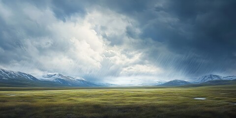 Fototapeta premium Rain clouds in a vast tundra setting create a dramatic atmosphere, showcasing the beauty and majesty of the rain clouds as they gather above the unique arctic landscape.