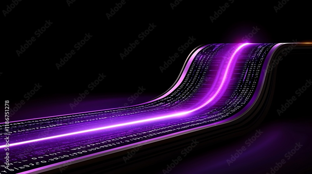 Poster vivid abstract representation of a network flow with bright purple light and binary code on a dark b