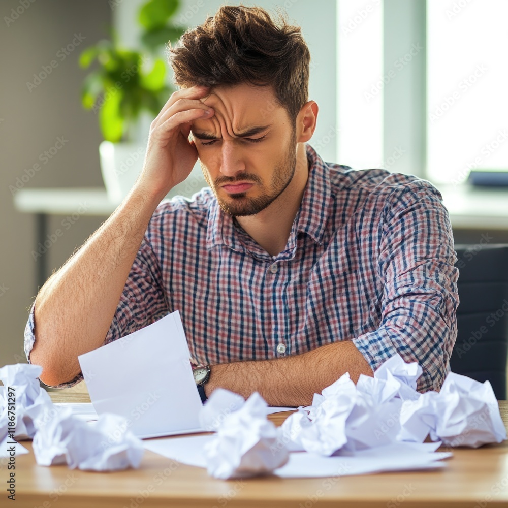 Poster a person sitting at a table with a stack of papers, possibly working or studying