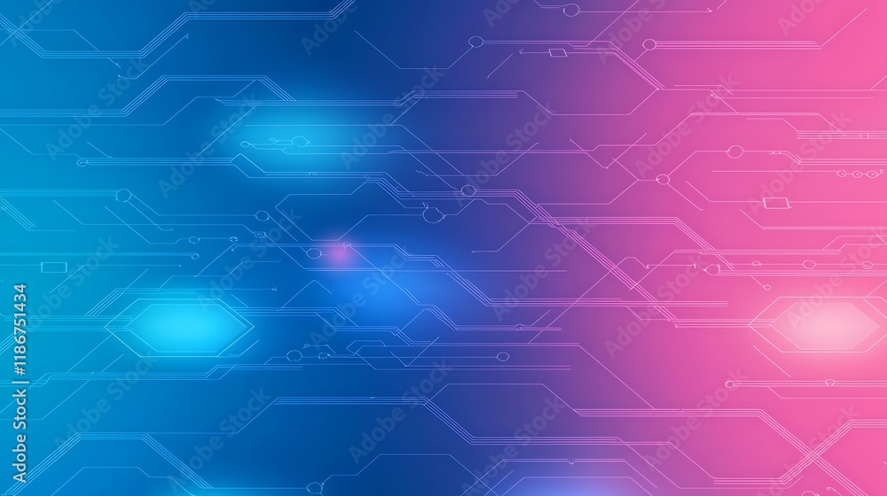 Poster vibrant abstract background featuring a blend of blue and pink with digital lines and geometric shap