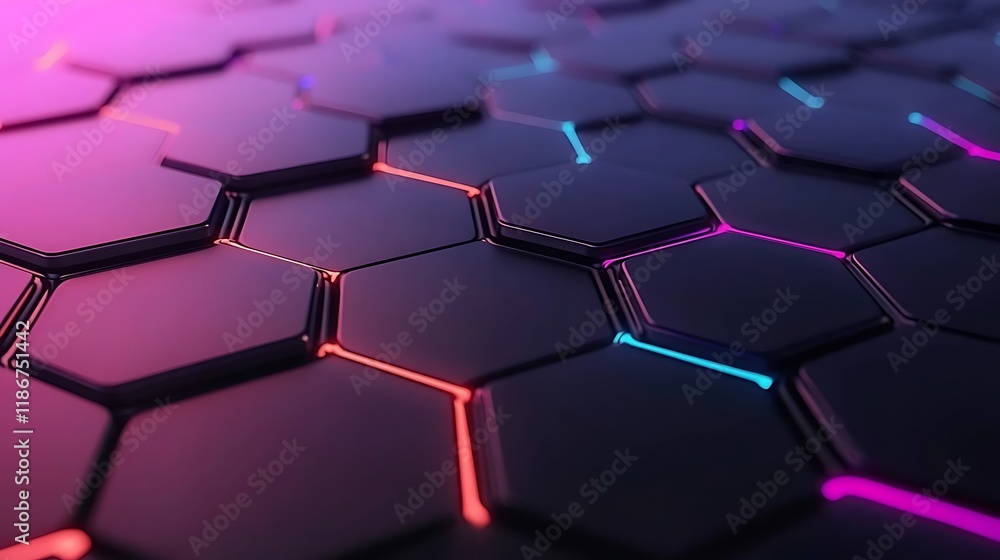 Poster vivid abstract representation of a network with hexagonal pattern and colorful neon lighting for mod