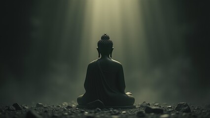 Minimalist photo of Buddha facing Mara’s temptations during meditation, with contrasting dark and light tones emphasizing the drama.