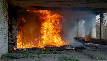 A gloomy scene of a fire breaking out in an abandoned building, flames spreading through the cracks in windows and doors