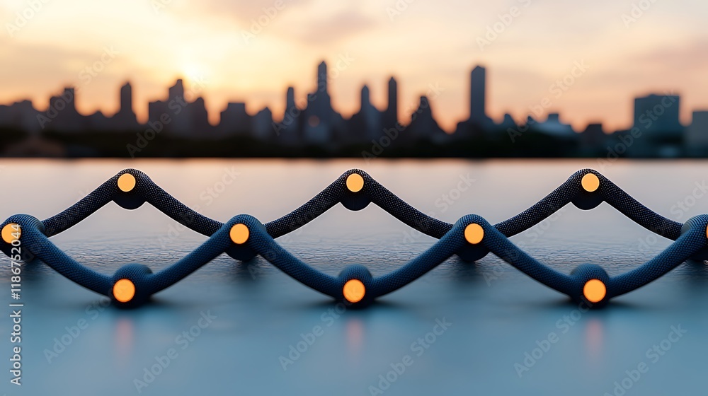 Aufkleber abstract circuit board patterns with glowing elements against a city skyline at sunset, showcasing t