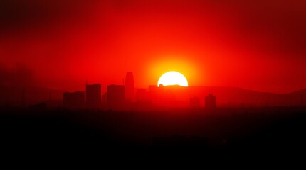 Naklejka premium Hauntingly Los Angeles Skyline at Sunrise After Devastating Wildfire – Apocalyptic Glow Amidst Smoke, fire in los Angeles, city in fire
