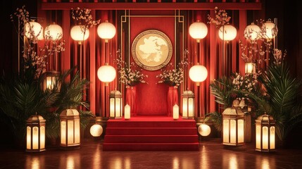 Fototapeta premium A majestic red podium, accented with gold detailing, surrounded by traditional lanterns, perfect for a cultural celebration.
