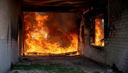 A gloomy scene of a fire breaking out in an abandoned building, flames spreading through the cracks in windows and doors