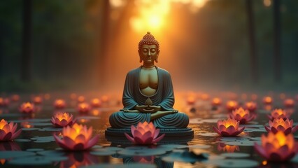 Buddha statue surrounded by warm light and autumn leaves, radiating calmness and serenity