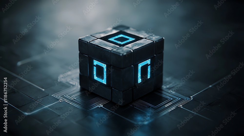 Poster abstract compositions of geometric shapes interconnected to create a futuristic cube with luminous e