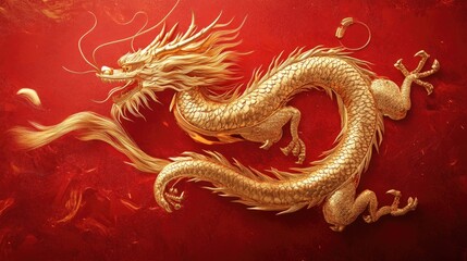 Fototapeta premium A powerful and intricate golden Chinese dragon, crafted with generative AI, soaring on a red background, symbolizing prosperity and good luck for the New Year.