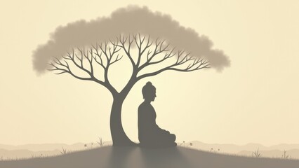 Silhouette of a meditating Buddha with a large tree casting shadows in a soft sunset glow