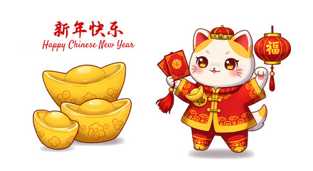 Happy chinese new year theme illustration background wallpaper gold ingots maneki-neko lucky fortune propserity cat 招财猫  