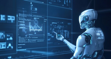 A futuristic humanoid robot standing confidently at the front of a modern conference room, presenting business and economic data.