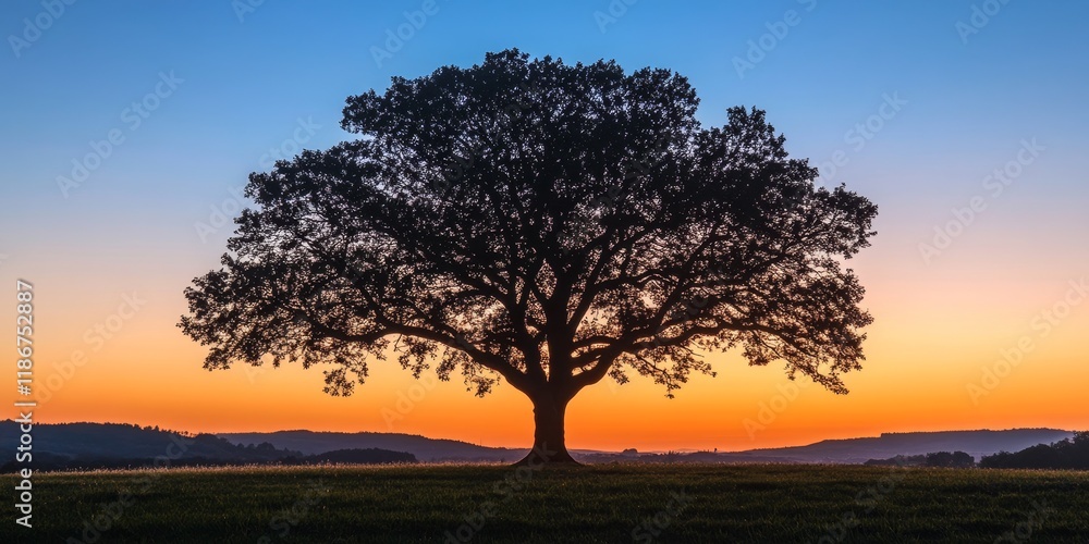 Poster tree silhouette at dusk creates a stunning visual effect, showcasing the intricate shapes and forms 